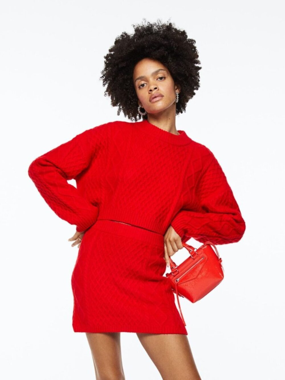H&M Red Acrylic Wool Blend Cable Knit Crew Neck Cropped Sweater, Size S